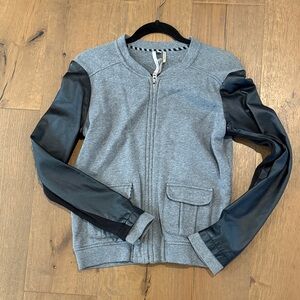 Gray zip up sweatshirt with Black Leather Sleeves